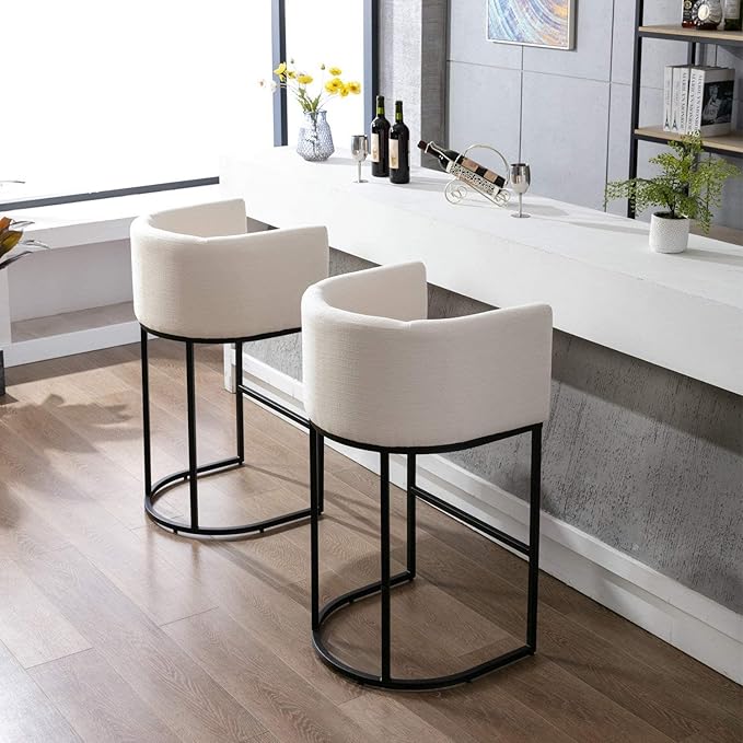 Contemporary Cream Linen Bar Stools Set of 2, 32" Upholstered Fabric Counter Height Barstool Kitchen Counter Island Stools with Black Metal Base