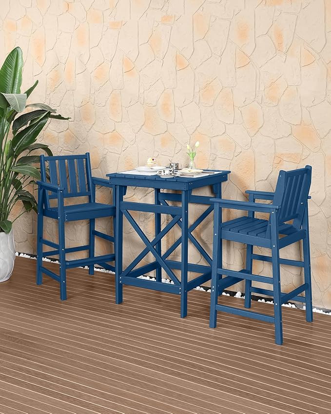 3-Piece Adirondack Chairs and Table Set, HDPE Outdoor Bar Sets, All Weather Outdoor Bar Stools Set, HDPE Adirondack Bar Height Chairs and Bar Table for Balcony, Bistro, Poolside, Navy