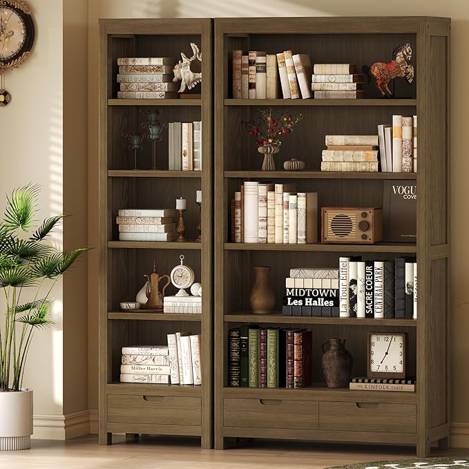 TVU 5-Tier Solid Wood Bookshelf with 2 Drawers, 72-inch Tall Standing Bookcase, 17.7" Wide Open Display Shelf for Living Room, Study, Office Storage, Deep Wood Color (72" H × 32.3" W × 11.8" D)