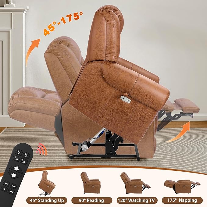 EONIX Classical Large Power Lift Recliner Chair for Elderly with Heat and Massage, Dual Motor Lay Flat Electric Lift Chair Recliner for Adults, Living Room, Bedroom, SLRY005061, Nut Brown