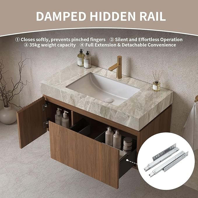 Bathroom Vanity with Sink 36 Inch, Floating Bathroom Vanity Sink Cabinet with Drawer and Door, Undermount Sink & Light Gray Sintered Stone Top, Pre-Assembled, Espresso
