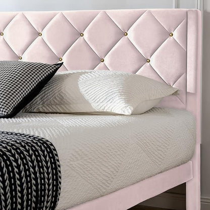 Queen Size Platform Bed Frame with Velvet Upholstered Headboard and Sturdy Wooden Slats Support,Mattress Foundation，Easy Assembly, No Box Spring Needed,Slip Resistant (Pink, Queen)