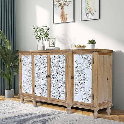 Accent Cabinet with 4 Doors, Hollow Carved Storage Sideboard, Wood Buffet Cabinet for Living Room, Dining Room, Entryway (4-Door 3 Compartment)