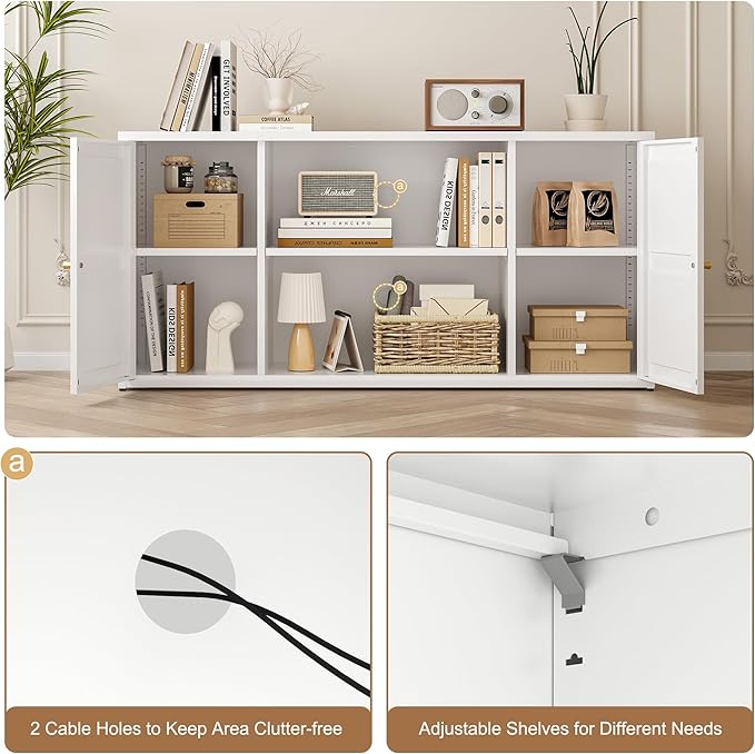 Metal TV Stand for 65 Inch TV, Farmhouse TV Entertainment Center with Storage Cabinets and Adjustable Shelves, Modern Media TV Console Table, TV Cabinet for Living Room, White