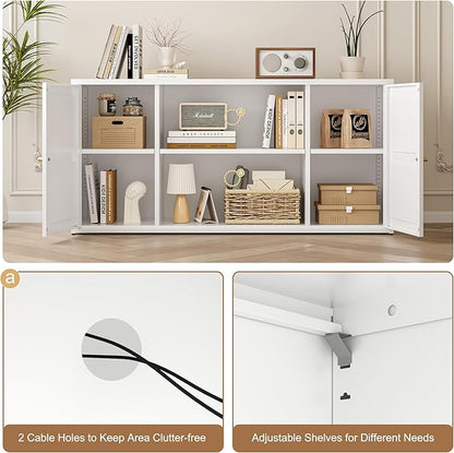 Metal TV Stand for 65 Inch TV, Farmhouse TV Entertainment Center with Storage Cabinets and Adjustable Shelves, Modern Media TV Console Table, TV Cabinet for Living Room, White