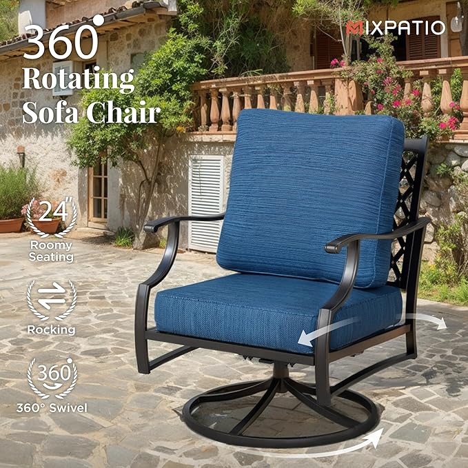 Patio Furniture Set 7 pcs, Outdoor Patio Furniture, 3-Seat Sofa, 2 Swivel Chairs, 2 Single Chairs, 2 Ottomans and 5.75" Extra Thick Cushion, Conversation Set for Deck,Gemstone Blue