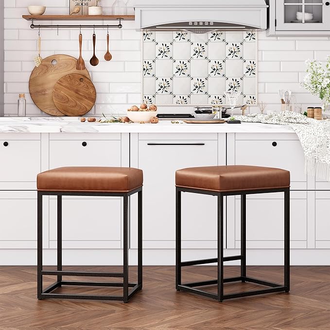 ALPHA HOME 24 Inch Counter Height Bar Stools Set of 3, Upholstered Barstools for Kitchen Island with Faux Leather Cushion and Sturdy Metal Frame, Caramel