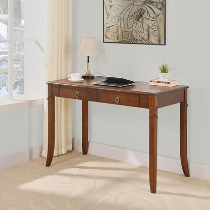 Solid Wood Computer Writing Desk with 2 Big Drawers, 46.06" Wide Home Office Desk Workstation with Hourglass Shape Tabletop Big Rustic Study Table in Cherry Brown, BSZ-DR200