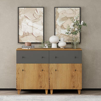 WAMPAT Set of 2 Storage Cabinets for Living Room, Modern Wood Accent Cabinets Sideboard with Drawers, Doors, and Adjustable Shelves for Dining Room, Kitchen, Entryway, Oak Brown & Dark Grey