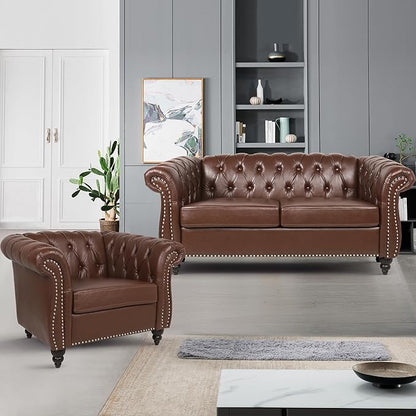 Loveseat Sofa Couch, Modern PU Leather Upholstered Sofa, Oversized Comfy 2 Seater Love Seat Couch with Cushions, Mid Century Tufted Chesterfield Sofa for Living Room, Bedroom, Apartment (Brown)