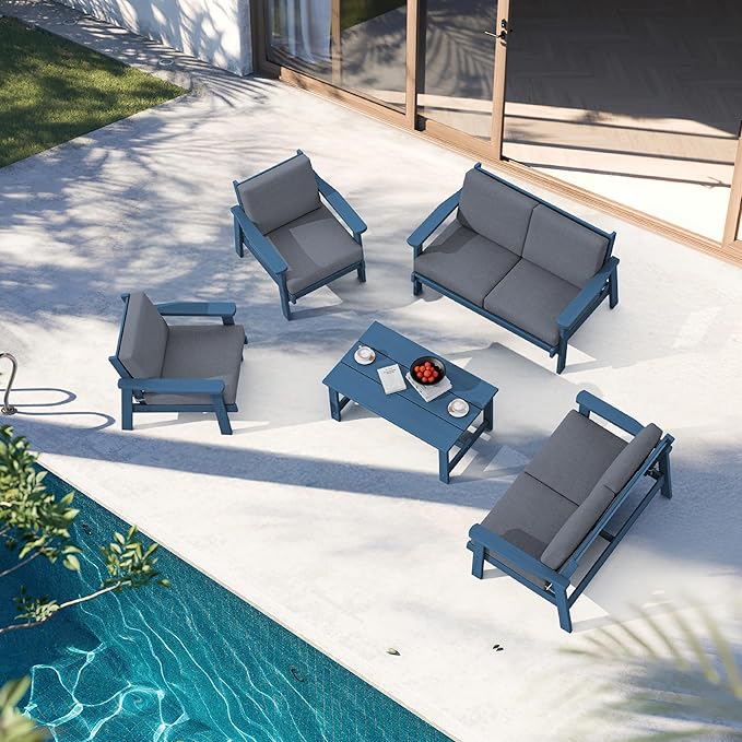 SERWALL HDPE Patio Furniture Set, 5 Piece All Weather Wood-Like Sectional Outdoor Furniture Set, Blue Patio Sofa Couch with Grey Cushions for Deck, Lawn