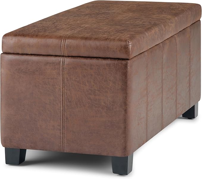 SIMPLIHOME Dover 36 inch Wide Contemporary Rectangle Storage Ottoman Bench in Distressed Umber Brown Vegan Faux Leather, Assembled, For the Living Room, Entryway and Family Room
