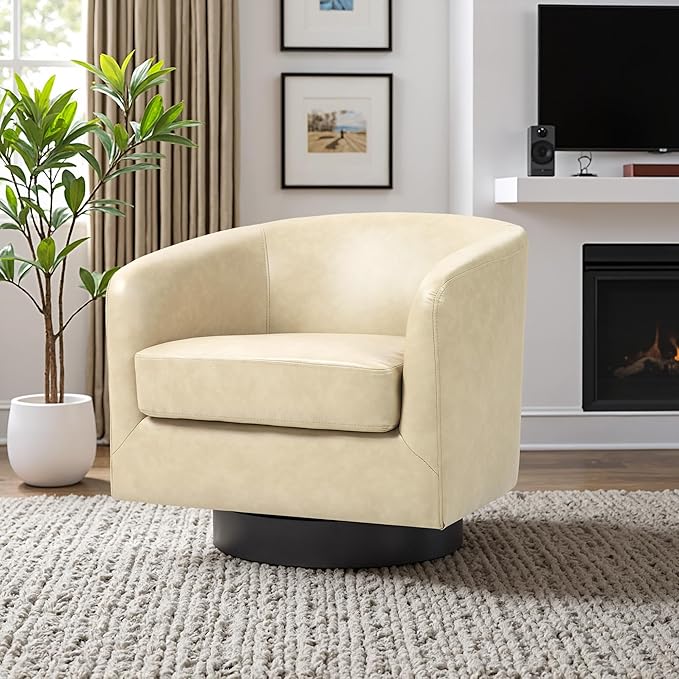 Lumibee Swivel Accent Chair, Faux Leather Swivel Barrel Chair for Living Room, Modern Comfy Upholstered Round Armchair Single Sofa Chair for Bedroom, Club-Cream
