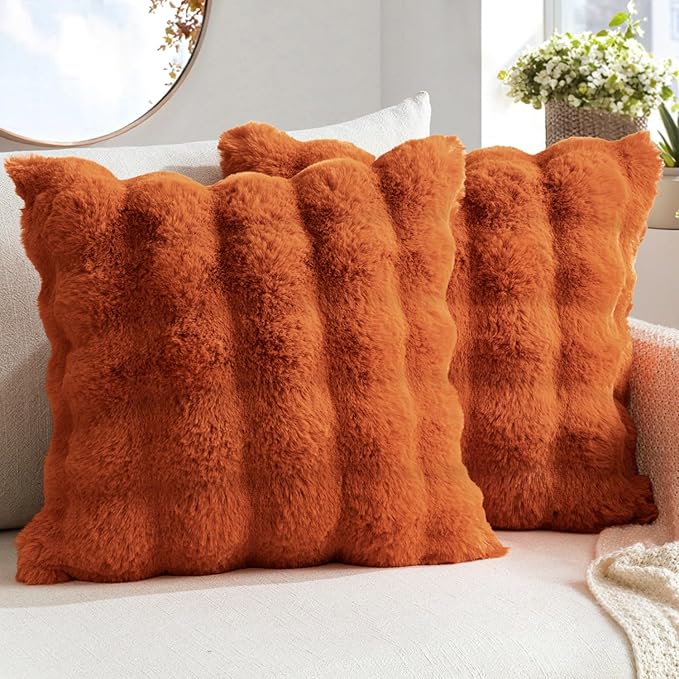 MIULEE Faux Fur Pillow Covers Thick Soft Plush Throw Pillows Luxury Home Decor for Fall Couch Bed Bedroom Living Room Sofa,18x18 Inch Pack of 2 Rust