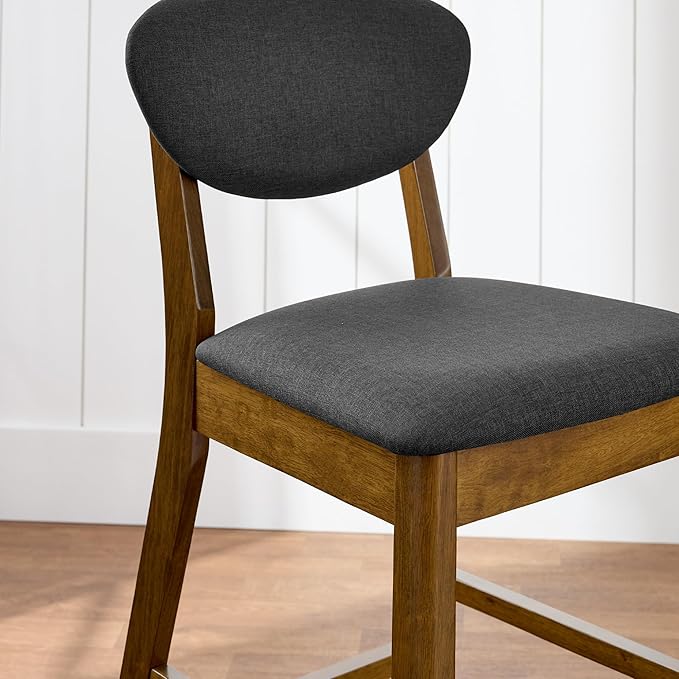 Best Choice Products Bar Stool Set of 2, Mid-Century Modern Upholstered Wood, Armless Counter Height w/Seat Cushion, Backrest - Walnut/Charcoal