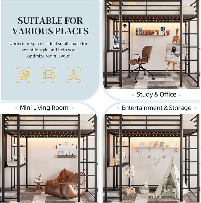 SUNLEI Metal Loft Bed Frame with Desk, Full Size Loft Bed with 2 Built-in Ladders & Safety Guard, Noise Free for Small Bedroom, Classic Black