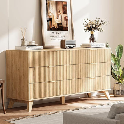 Fluted Dresser with 6 Drawers, 53.43 Inch Wood Double Dresser with Metal Handles Curved Design Wide Storage Organizer Cabinet Modern Chest Dressers for Bedroom Living Room Entryway(Oak)