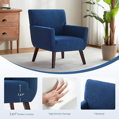 Upholstered Accent Chair,Mid Century Modern Office Fabric Small Living Room Chair with Arm,Comfy Wingback Armchair for Bedroom Reading Dark Blue