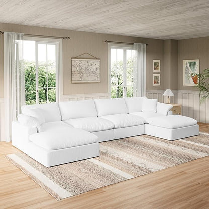 Modular Sectional Sofa Cloud Couch,Down Filled Comfy Cloud Modern Sofa,White Linen U Shape 6 Seater Oversized Couch Cushion Covers Removable for Living Room