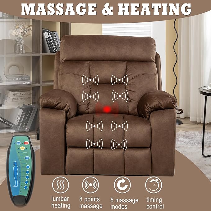 Power Lift Recliner Chair with Massage and Heating Functions,Velvet Sofa with 2 Remote Controls and Two Cup Holders,Recline up to 160 Degrees,Suitable for Living Room