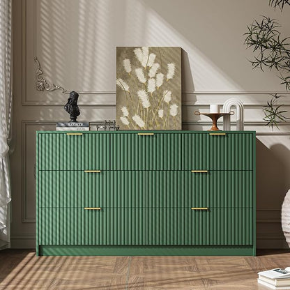 3-Piece Dresser Bedroom Set, 7 Drawer Dresser & 3 Drawer Nightstands with Gold Handles, Fluted Wood Chest of Drawers for Bedroom, Living Room, Entryway, Green