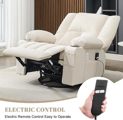 Swivel Rocker Chair with Heat and Massage, 270° Power Recliner Chairs for Adults, USB and Type-C Ports, Oversized Recliner Single Sofa, Electric Glider Chair(Beige)