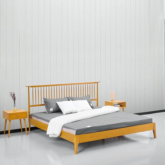NTC Ruby Wooden Bed Frame with Headboard, Solid Oak and Rubber Wood Foundation with Silent Slats and Wood Central Supports, 1000 Lb Capacity, Effortless Assembly, Queen - Rustic Oak
