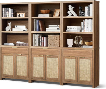 Hampstead Bookcase, Rattan Bookcase with Doors Cabinet and Drawer, 5-Tier Bookshelf, Large Wooden Book Case, Tall Bookshelves for Library Living Room (Weathered Oak, 3 Pieces)