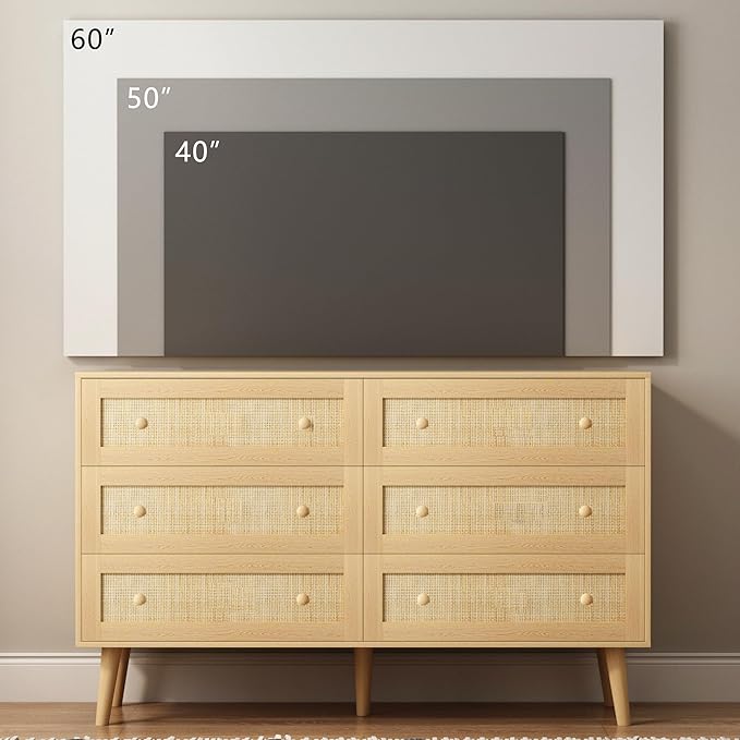 Rattan Dresser for Bedroom, Modern 6 Drawer Dressers & Chest of Drawers, Natural Boho Dresser with Handles Wood Storage Organizer Modern Dressers for Closet, Hallway, Office