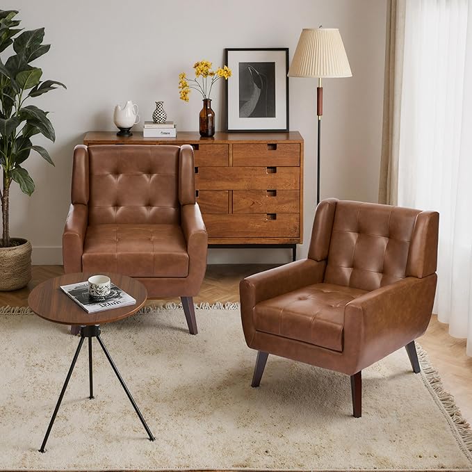 Faux Leather Accent Chairs Set of 2, Mid-Century Modern Upholstered Armchair, Comfy Living Room Chairs Reading Chairs with Button Tufted Back & Solid Wood Legs for Bedroom, Office, Coffee