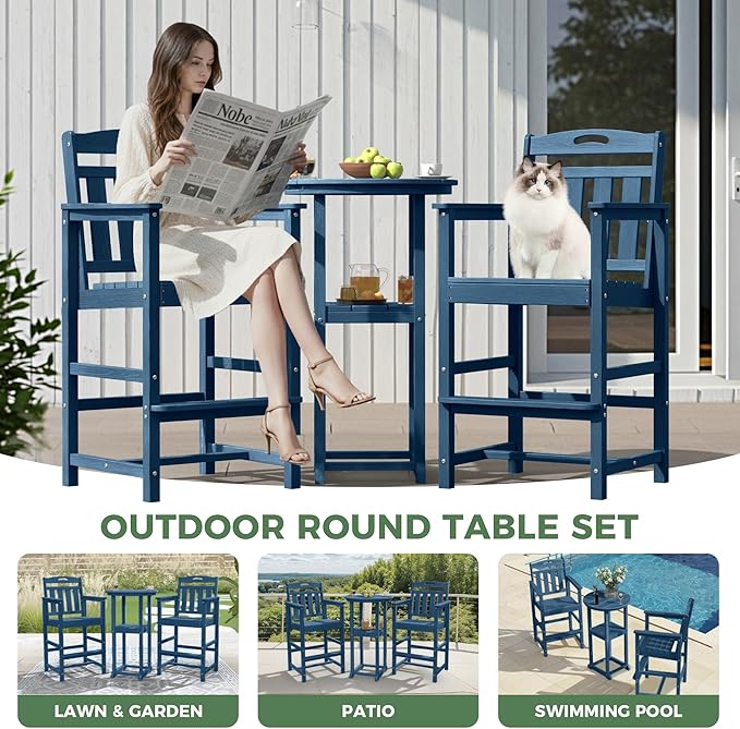 HDPE Outdoor Patio Tall Bar Chair, All-Weather Bar Height Balcony Adirondack Stools for Bistro, Garden, Backyard, Deck | Navy Blue