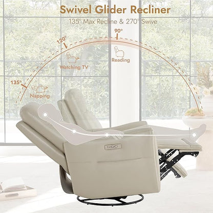 Watson & Whitely Genuine Leather Power Recliner Chairs for Adults, Swivel Glider Recliner Chair for Living Room with Charging Ports, Light Grey
