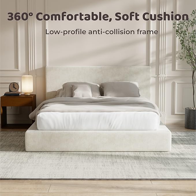 RECCI Cloud Upholstered King Bed Frame with Headboard, 5 Inch Foam Padded Platform, No Box Spring, Easy Assembly (Cream)