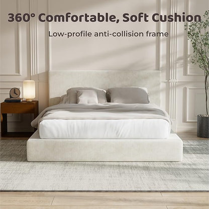 RECCI Cloud Upholstered Full Bed Frame with Headboard, 5 Inch Foam Padded Platform, No Box Spring, Easy Assembly(Cream)