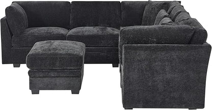 Christopher Knight Home Zery 7-Piece U-Shape Lounge Sofa Couch with Ottomans, Modern Modular Sectional Sofa Set with Pillow Back for Living Room, Chenille Upholstered Cloud Couch with Deep Seat,Black