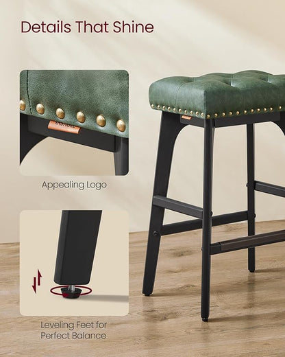 VASAGLE Bar Stools Set of 4, Saddle Counter Height Bar Stools, 26-Inch Backless Kitchen Stools with Wood Legs, PU Leather Thickened Upholstered Barstools for Kitchen Island Dining Room, Forest Green