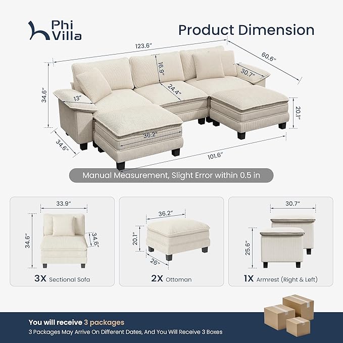 PHI VILLA Cloud Modular Couch Sets, 123.6" Sectional Sofa with U-Shaped Chaise, 5-Seater Couches with 2 Movable Ottomans for Living Room, Corduroy Fabric, Beige