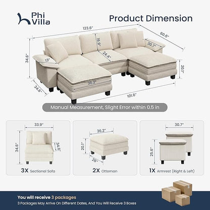 PHI VILLA Cloud Modular Couch Sets, 123.6" Sectional Sofa with U-Shaped Chaise, 5-Seater Couches with 2 Movable Ottomans for Living Room, Corduroy Fabric, Beige