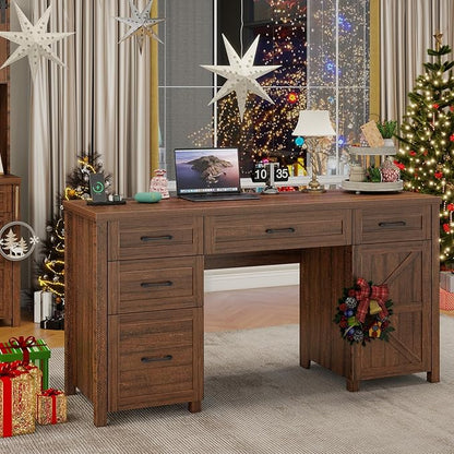 Farmhouse 61'' Executive Desk with 5 Drawers, Rustic Office Desk Computer Desk with Charging Station, File Drawers and Storage Cabinet, Wood Workstation for Study and Home Office, Red-Brown.