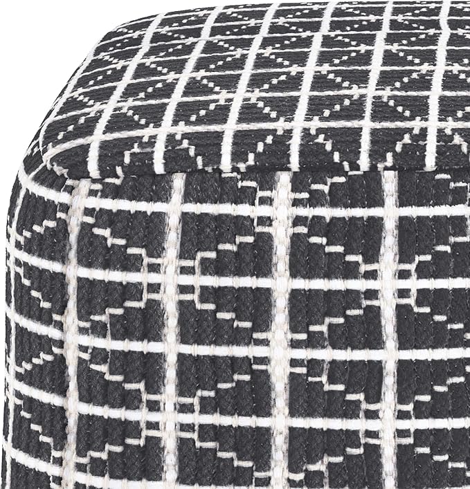 SIMPLIHOME Noreen Boho Square Pouf in Slate Grey and White Handloom Woven Pattern for the Living Room, Bedroom and Kids Room
