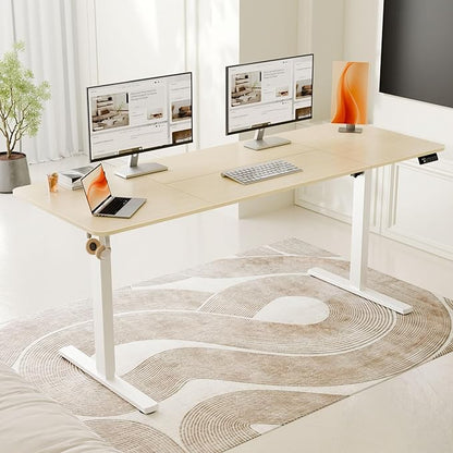 ERGOMAKER Electric Standing Desk, 67" x 23.6" Height Adjustable Sit Stand Desk with Splice Board for Home Office, Computer Desk Memory Preset (White Frame, Gold Oak Desktop)