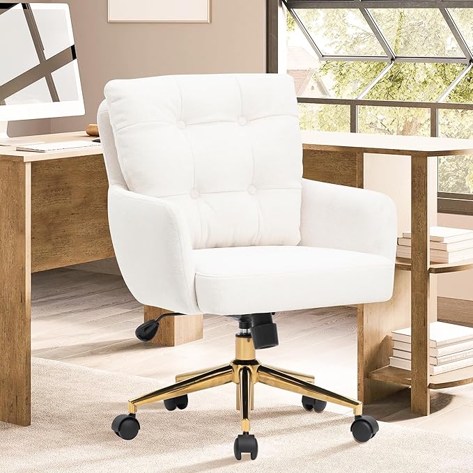 Velvet Office Chair, Comfy Home Office Desk Chairs with Lumbar Support, Modern Velvet Desk Chair Gold Legs Small Swivel Task Chair for Home Office, Bedroom, Study (Beige, L)