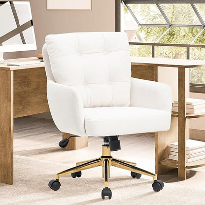 Velvet Office Chair, Comfy Home Office Desk Chairs with Lumbar Support, Modern Velvet Desk Chair Gold Legs Small Swivel Task Chair for Home Office, Bedroom, Study (Beige, L)