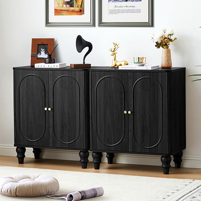 ORRD Fluted Storage Cabinet, Modern Credenza Wooden Accent Sideboard Buffet Cabinet Set of 2 with Adjustable Shelves and Solid Wood Legs, Console Table for Kitchen Dining Living Room Entryway, Black