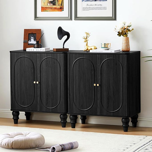 ORRD Fluted Storage Cabinet, Modern Credenza Wooden Accent Sideboard Buffet Cabinet Set of 2 with Adjustable Shelves and Solid Wood Legs, Console Table for Kitchen Dining Living Room Entryway, Black