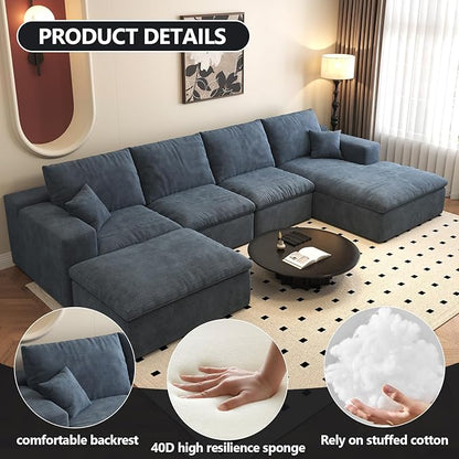 136.6'' U-Shaped Modern Modular Sectional Cloud Couch Whit Ottoman, 4-Seat Chenille Deep-Seat Sofa with Pillow for Living Room, Bedroom, Apartment, Ocean Blue