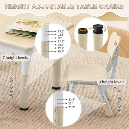 Kids Study Table and Chairs Set, Height Adjustable Toddler Table and Chair Set for Kids Ages 3-8, 31.5" L x 23.6" W Graffiti Desktop Plastic Children Art Table with 4 Seats, Burlywood