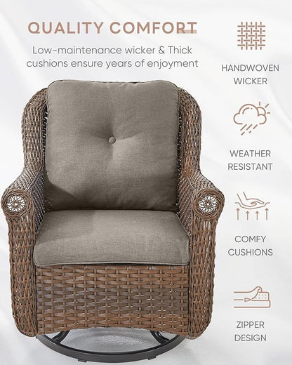 Patio Chairs Outdoor Swivel Glider - Set of 4 High Back Outside Brown Wicker Rattan Rocking Chair with Thick Cushion for Porch Apartment Deck Yard Poolside Garden - Grey