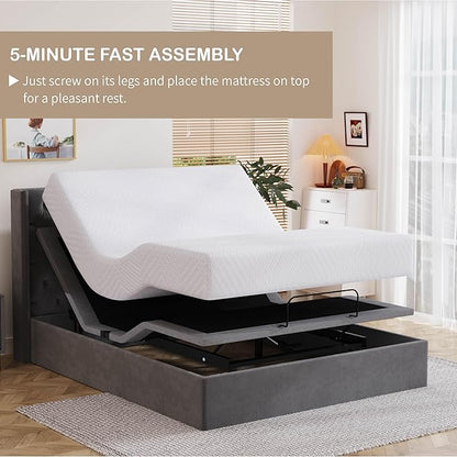 Full Adjustable Bed Base Frame with Wireless Remote + 10 Inch Full Green Tea Gel Memory Foam Mattress Bed in a Box, Head and Foot Incline, Zero Gravity, Fiberglass Free, 75" × 54"