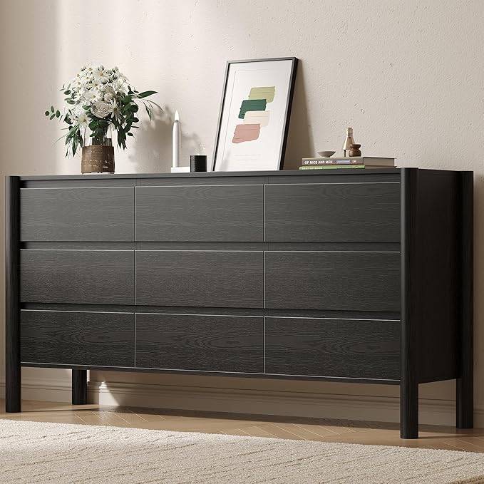 CHUWELL Dresser for Bedroom, 63" Wide Mid Century Modern Chest of Drawers with 9 Large Storage Space and 4 Solid Wood Cylindrical Legs, 9 Drawer Large Dresser for Bedroom(Black)